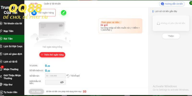 Hướng dẫn các bước rút tiền QQ88